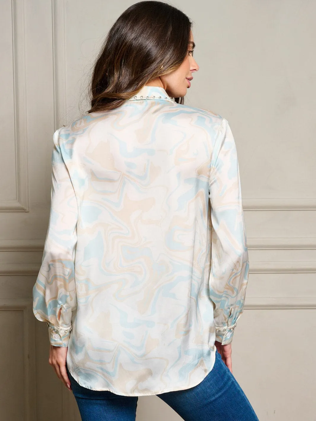 WOMEN'S LONG SLEEVE BUTTON UP STUDS DETAILED BLOUSE TOP