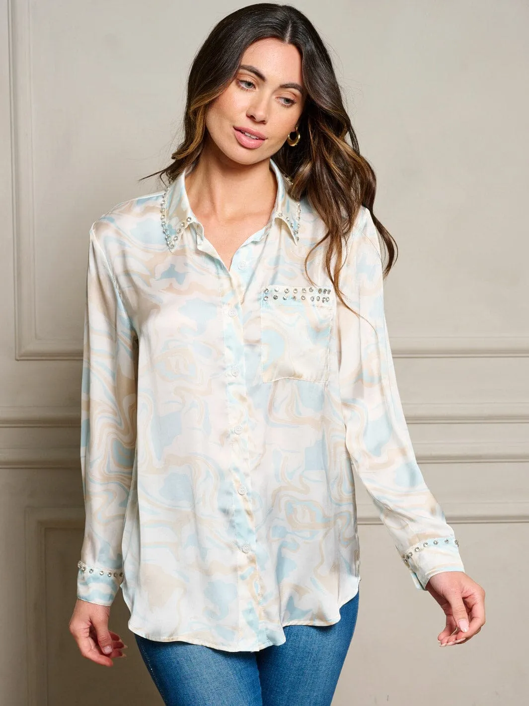 WOMEN'S LONG SLEEVE BUTTON UP STUDS DETAILED BLOUSE TOP