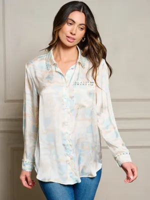 WOMEN'S LONG SLEEVE BUTTON UP STUDS DETAILED BLOUSE TOP