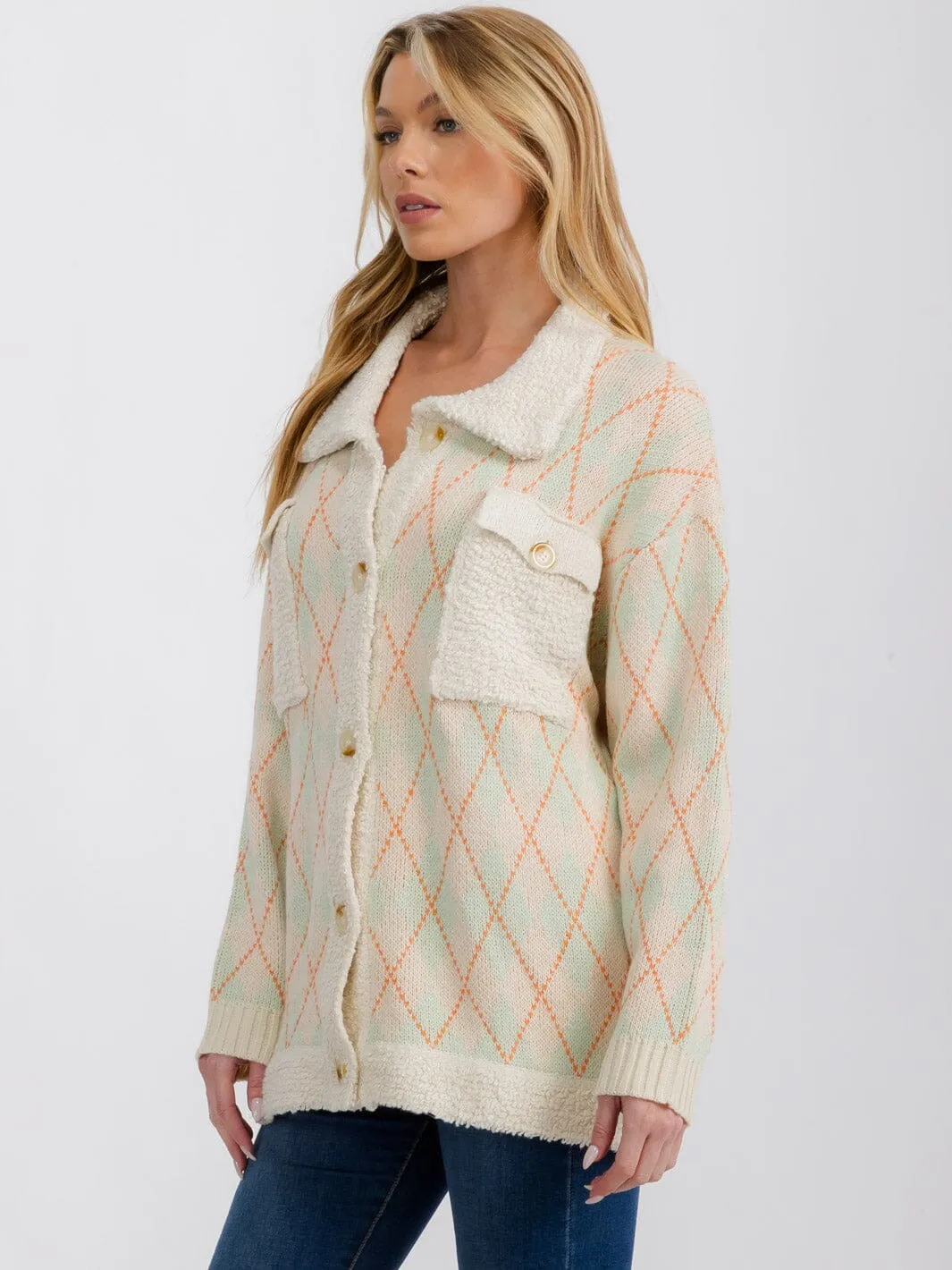 WOMEN'S LONG SLEEVE COLORBLOCK BUTTON UP SWEATER