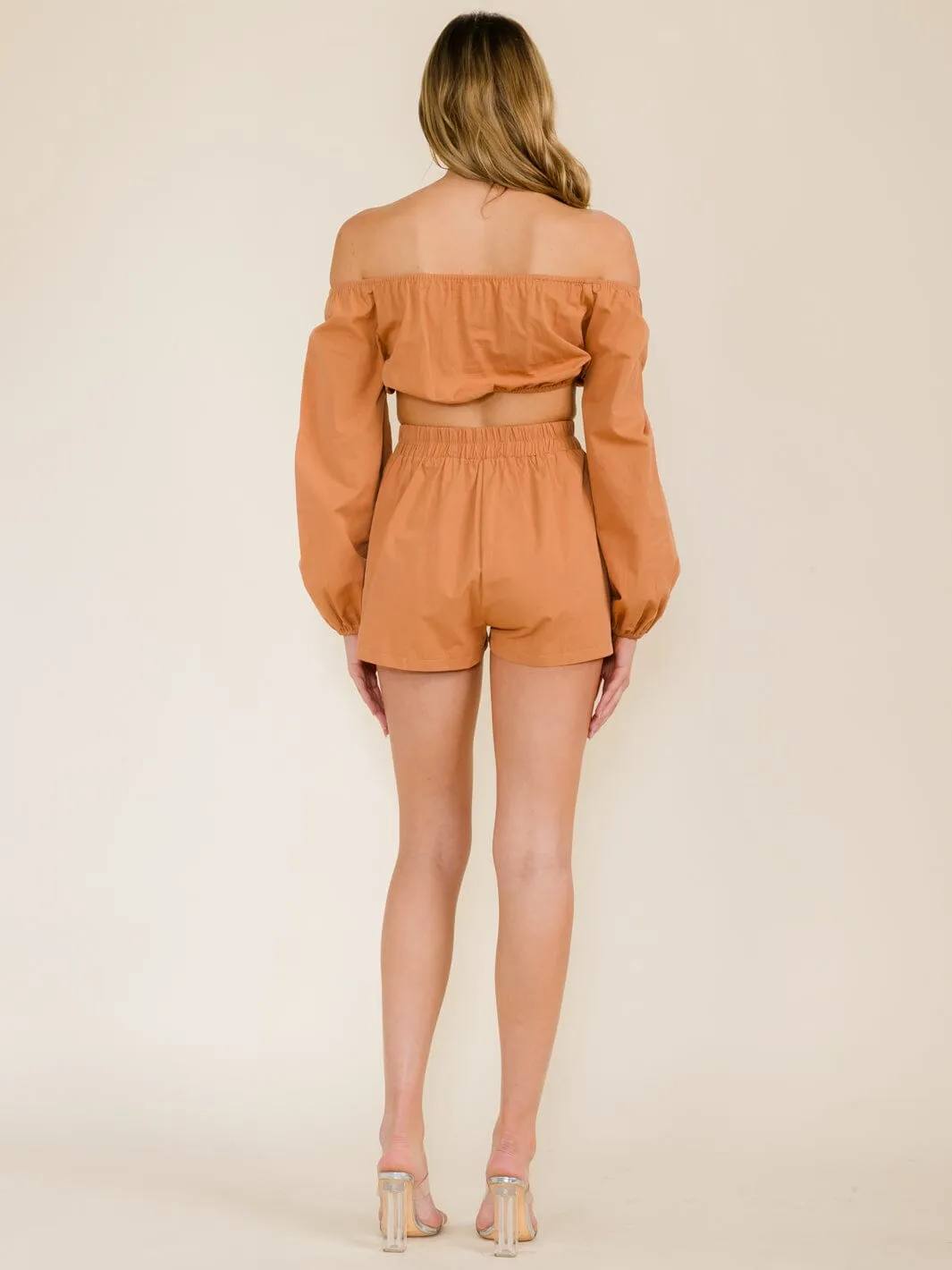 WOMEN'S LONG SLEEVE CROP TOP & ELASTIC WAIST SHORTS SOLID 2PC. SET