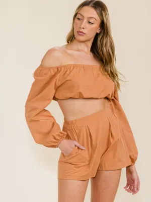 WOMEN'S LONG SLEEVE CROP TOP & ELASTIC WAIST SHORTS SOLID 2PC. SET