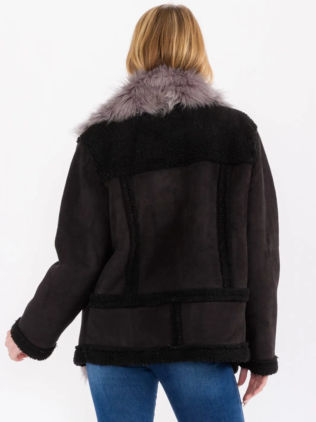 WOMEN'S LONG SLEEVE FRONT POCKET BUTTON CLOSURE SHERPA JACKET