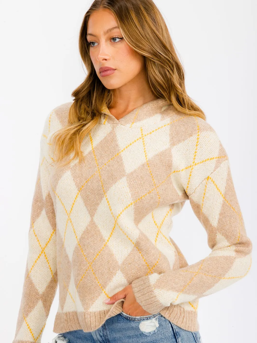 WOMEN'S LONG SLEEVE HOODED MULTI PRINT PULLOVER SWEATER