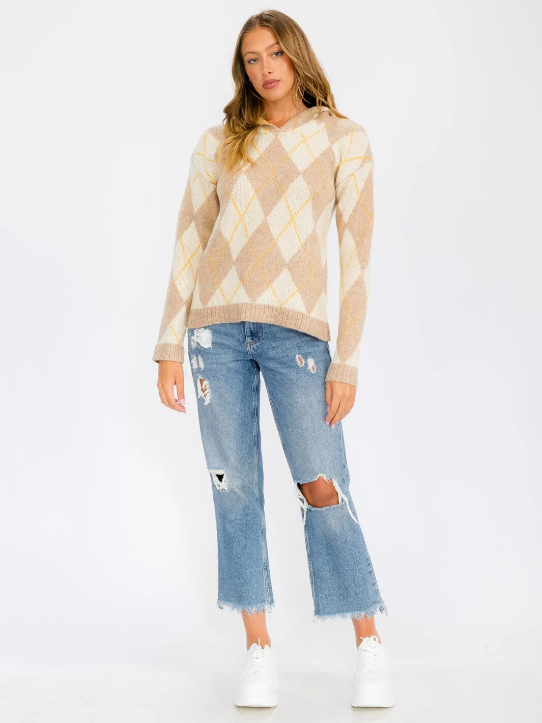 WOMEN'S LONG SLEEVE HOODED MULTI PRINT PULLOVER SWEATER
