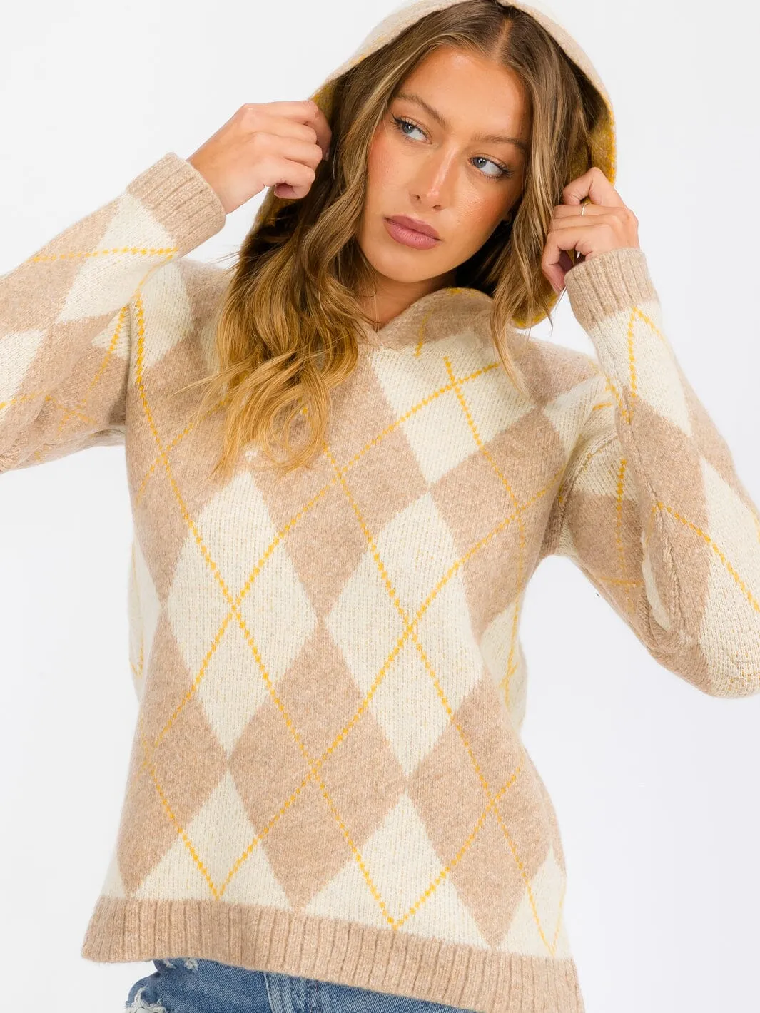WOMEN'S LONG SLEEVE HOODED MULTI PRINT PULLOVER SWEATER