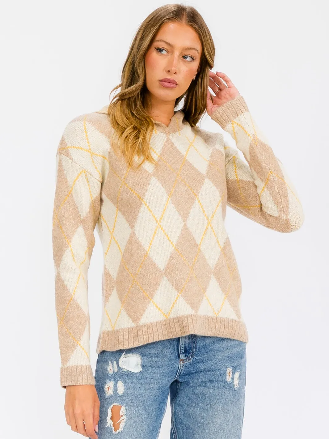 WOMEN'S LONG SLEEVE HOODED MULTI PRINT PULLOVER SWEATER