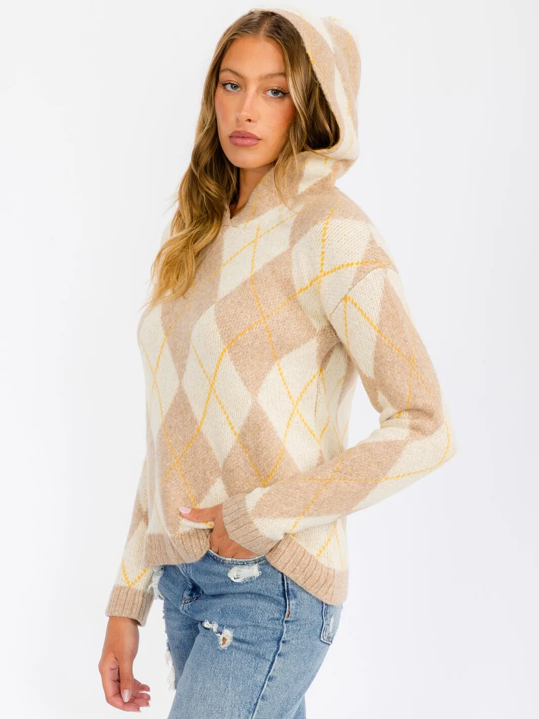 WOMEN'S LONG SLEEVE HOODED MULTI PRINT PULLOVER SWEATER