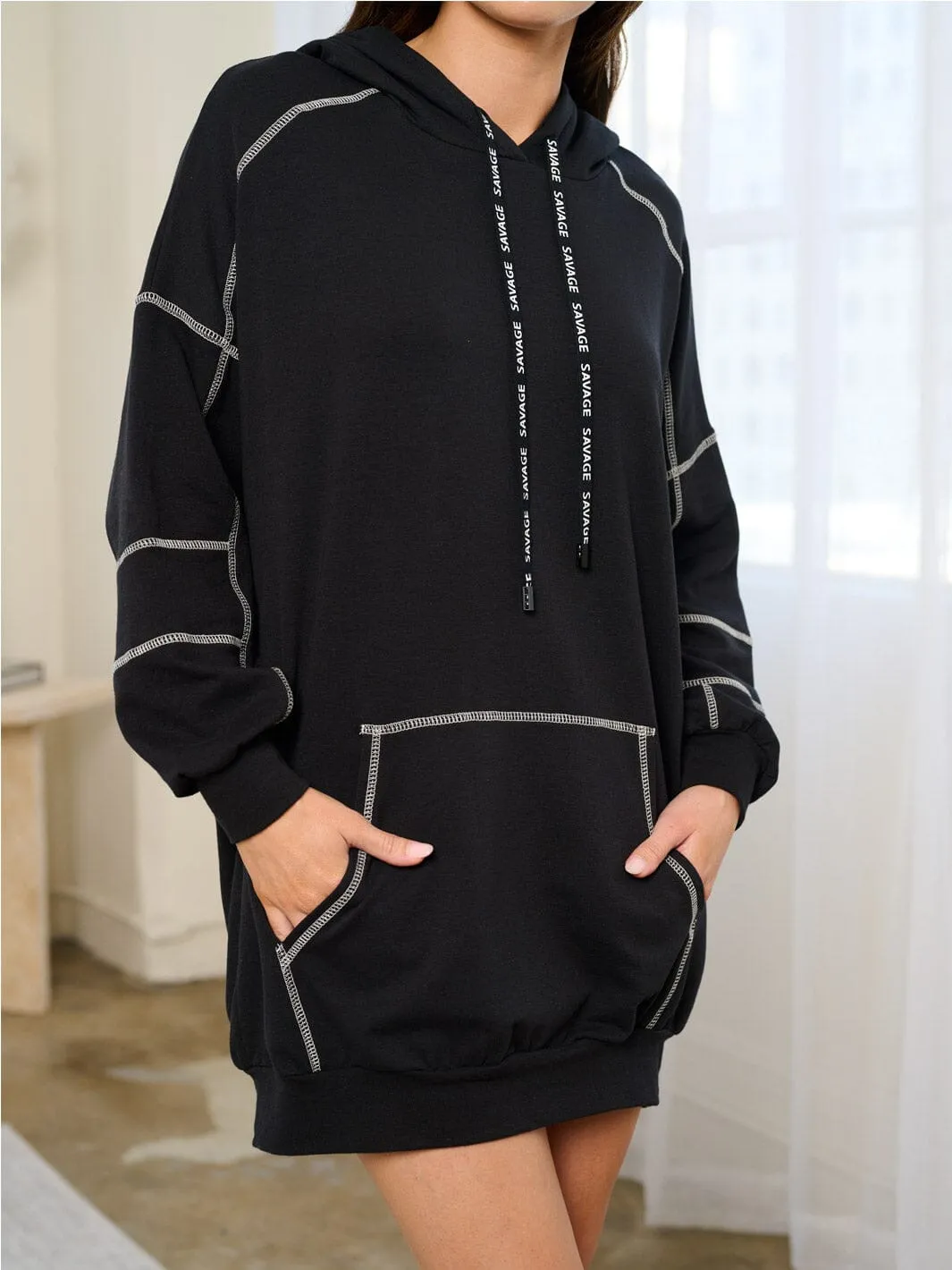 WOMEN'S LONG SLEEVE POCKETES HOODED MINI SWEATER  DRESS