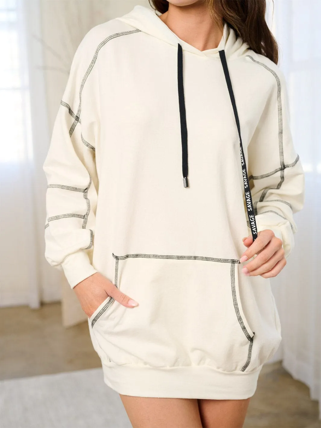 WOMEN'S LONG SLEEVE POCKETES HOODED MINI SWEATER  DRESS
