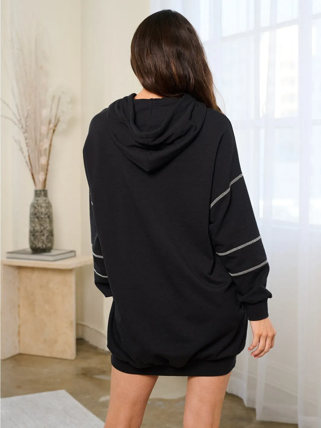 WOMEN'S LONG SLEEVE POCKETES HOODED MINI SWEATER  DRESS
