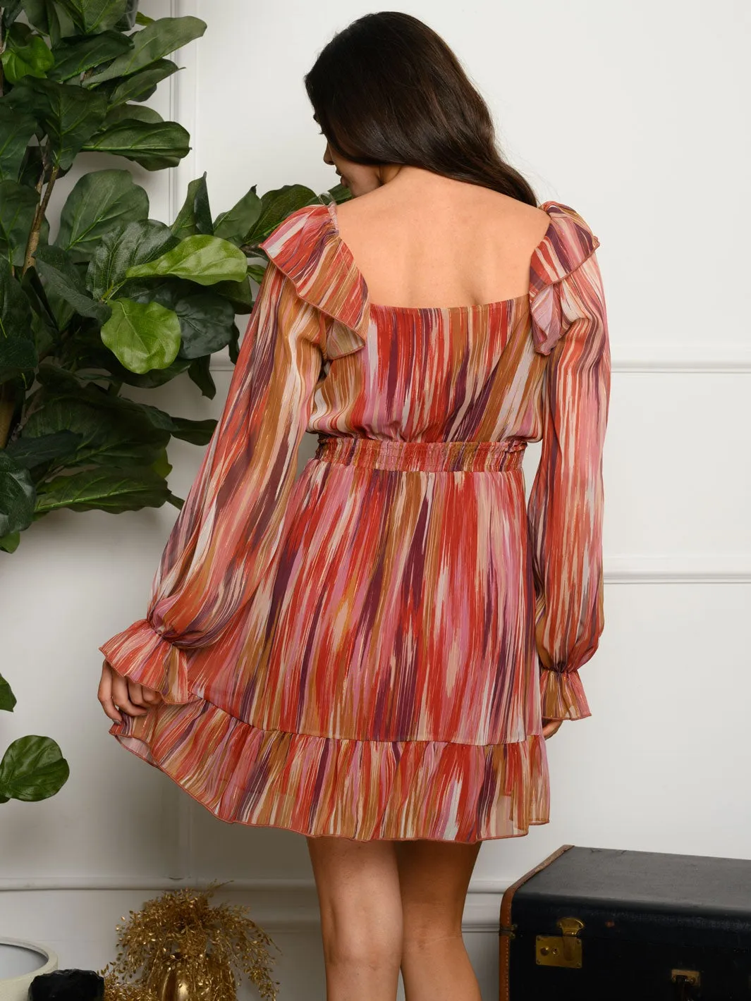 WOMEN'S LONG SLEEVE RUFFLE MULTI MINI DRESS