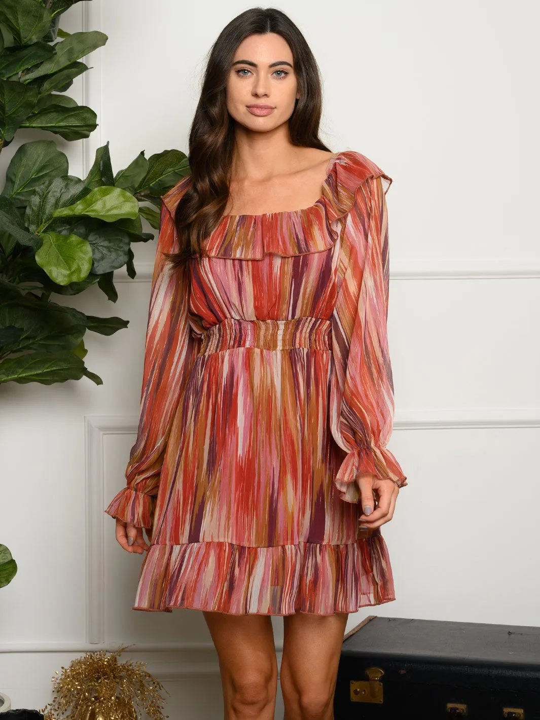 WOMEN'S LONG SLEEVE RUFFLE MULTI MINI DRESS