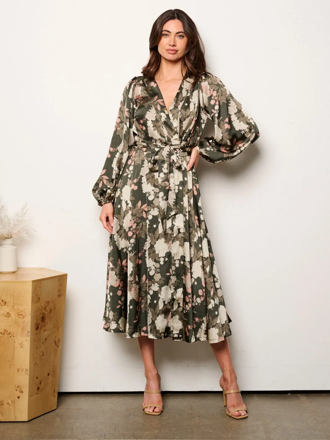 WOMEN'S LONG SLEEVE SELF TIE FLORAL WRAP MIDI DRESS