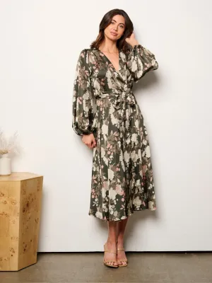 WOMEN'S LONG SLEEVE SELF TIE FLORAL WRAP MIDI DRESS