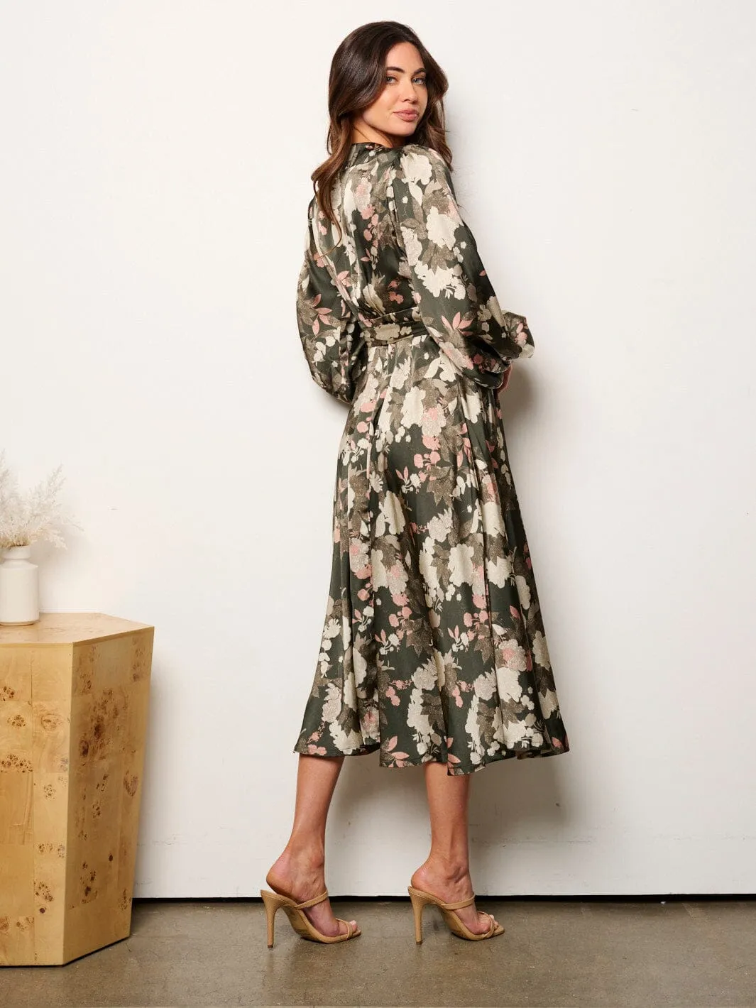 WOMEN'S LONG SLEEVE SELF TIE FLORAL WRAP MIDI DRESS