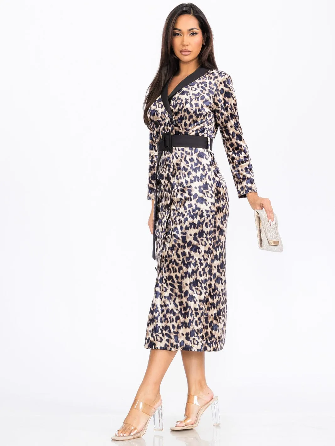 WOMEN'S LONG SLEEVE SURPLICE BUTTON CLOSURE AIMAL PRINT MAXI DRESS