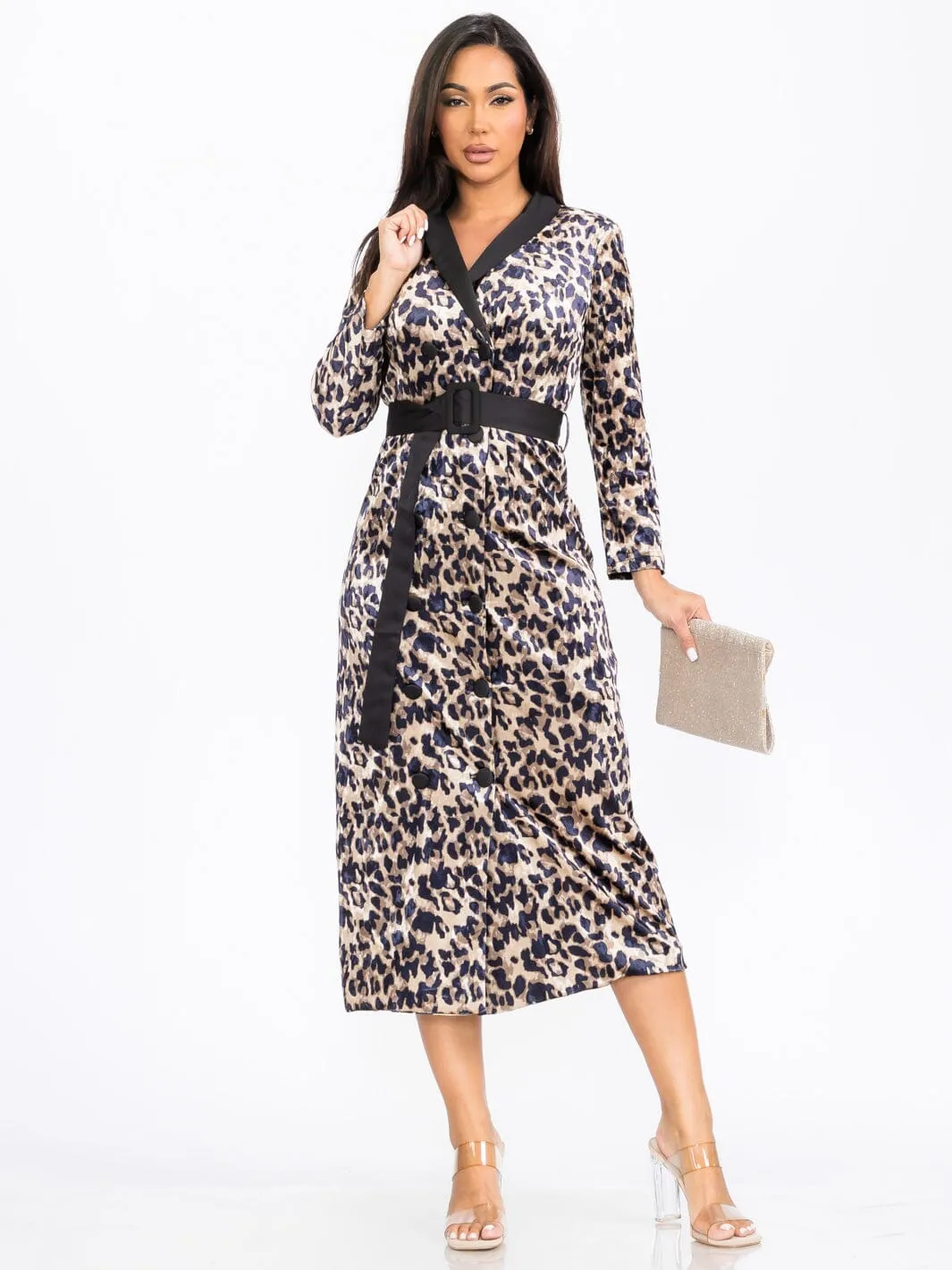 WOMEN'S LONG SLEEVE SURPLICE BUTTON CLOSURE AIMAL PRINT MAXI DRESS