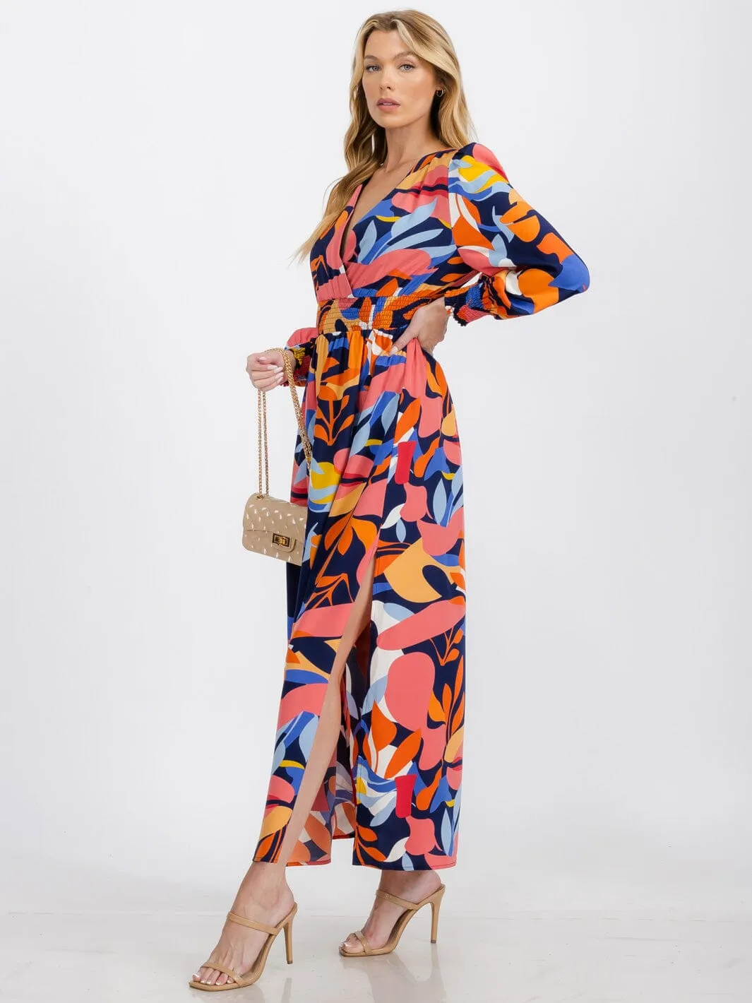 WOMEN'S LONG SLEEVE SURPLICE ELASTIC WAIST MULTI PRINT MAXI DRESS