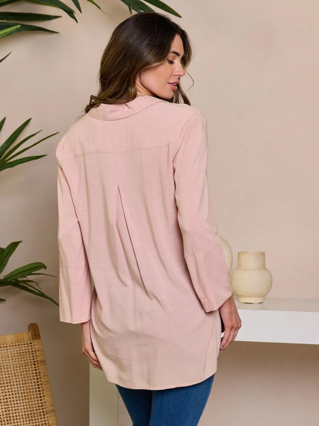 WOMEN'S LONG SLEEVE V-NECK BUTTON UP HIGH-LOW BLOUSE TOP