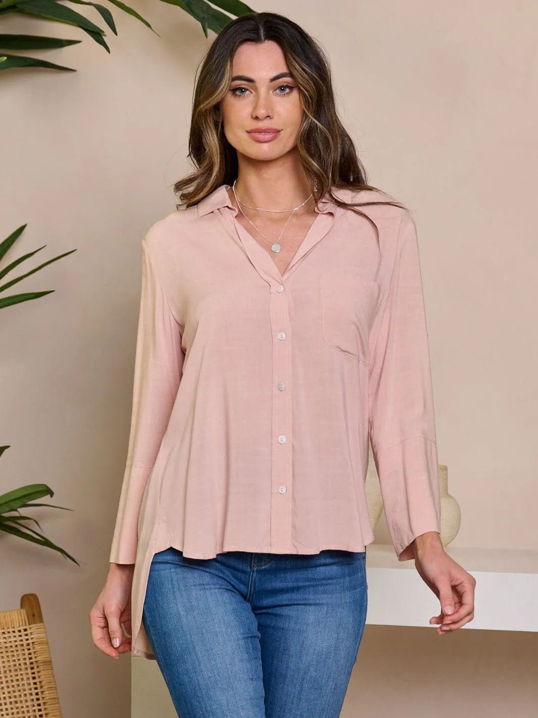 WOMEN'S LONG SLEEVE V-NECK BUTTON UP HIGH-LOW BLOUSE TOP