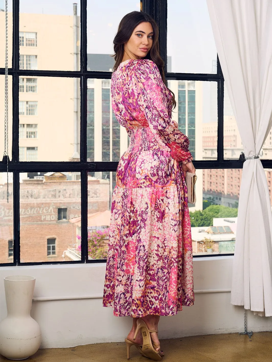 WOMEN'S LONG SLEEVE V-NECK TIERED MULTI PRINT MAXI DRESS