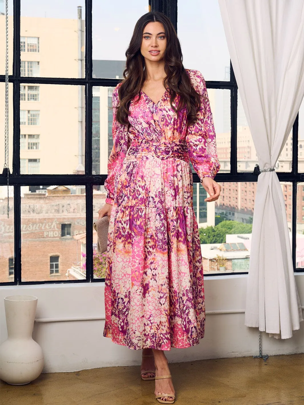 WOMEN'S LONG SLEEVE V-NECK TIERED MULTI PRINT MAXI DRESS