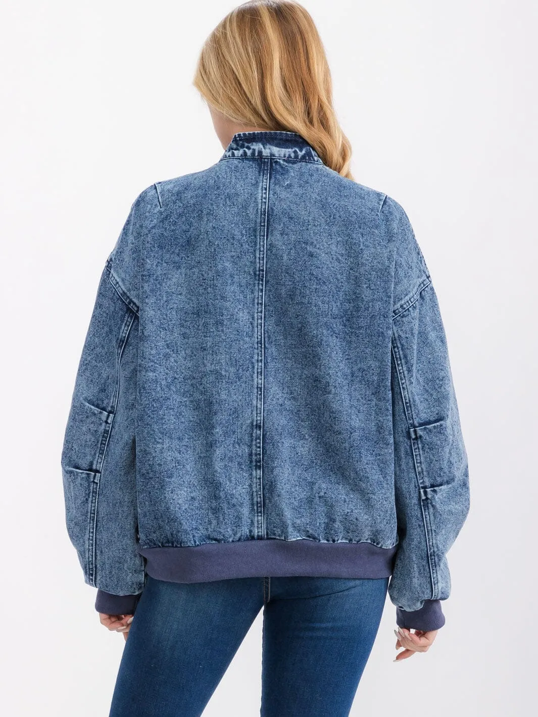 WOMEN'S LONG SLEEVE ZIPPER CLOSURE FRONT POCKETS WASHED DENIM JACKET