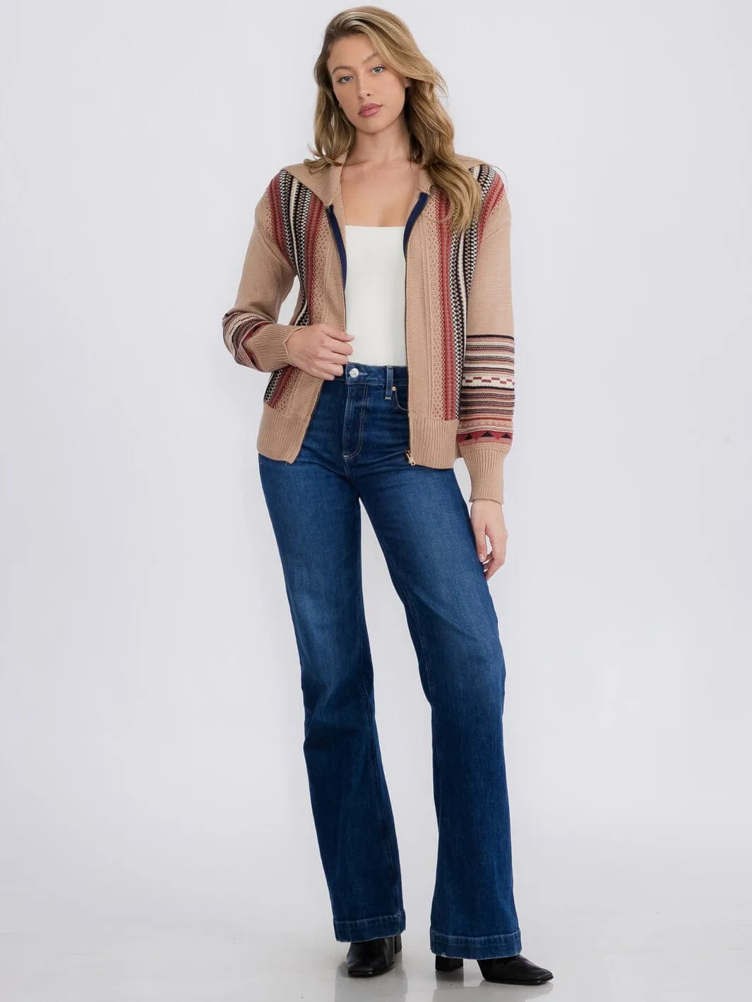 WOMEN'S LONG SLEEVE ZIPPER CLOSURE MULTI PRINT CARDIGAN SWEATER