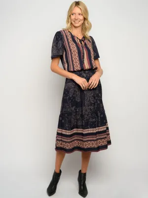 WOMEN'S MULTI PRINT SHORT SLEEVE MIDI DRESS