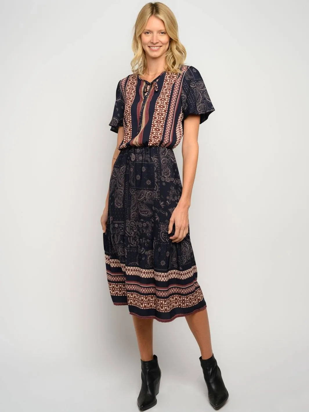 WOMEN'S MULTI PRINT SHORT SLEEVE MIDI DRESS