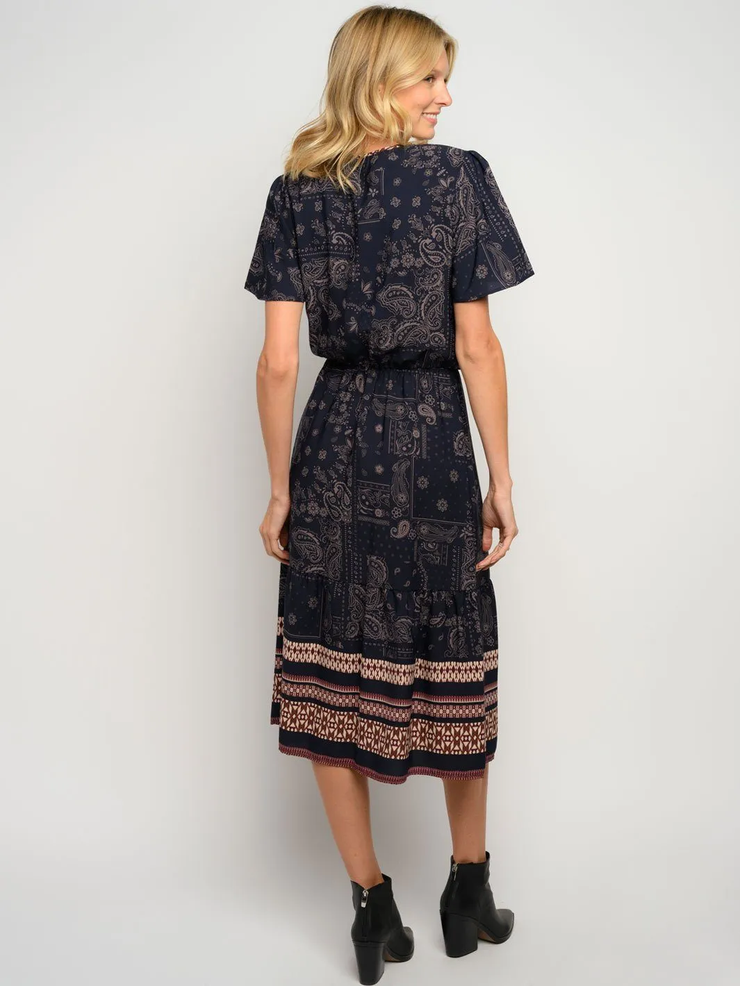 WOMEN'S MULTI PRINT SHORT SLEEVE MIDI DRESS