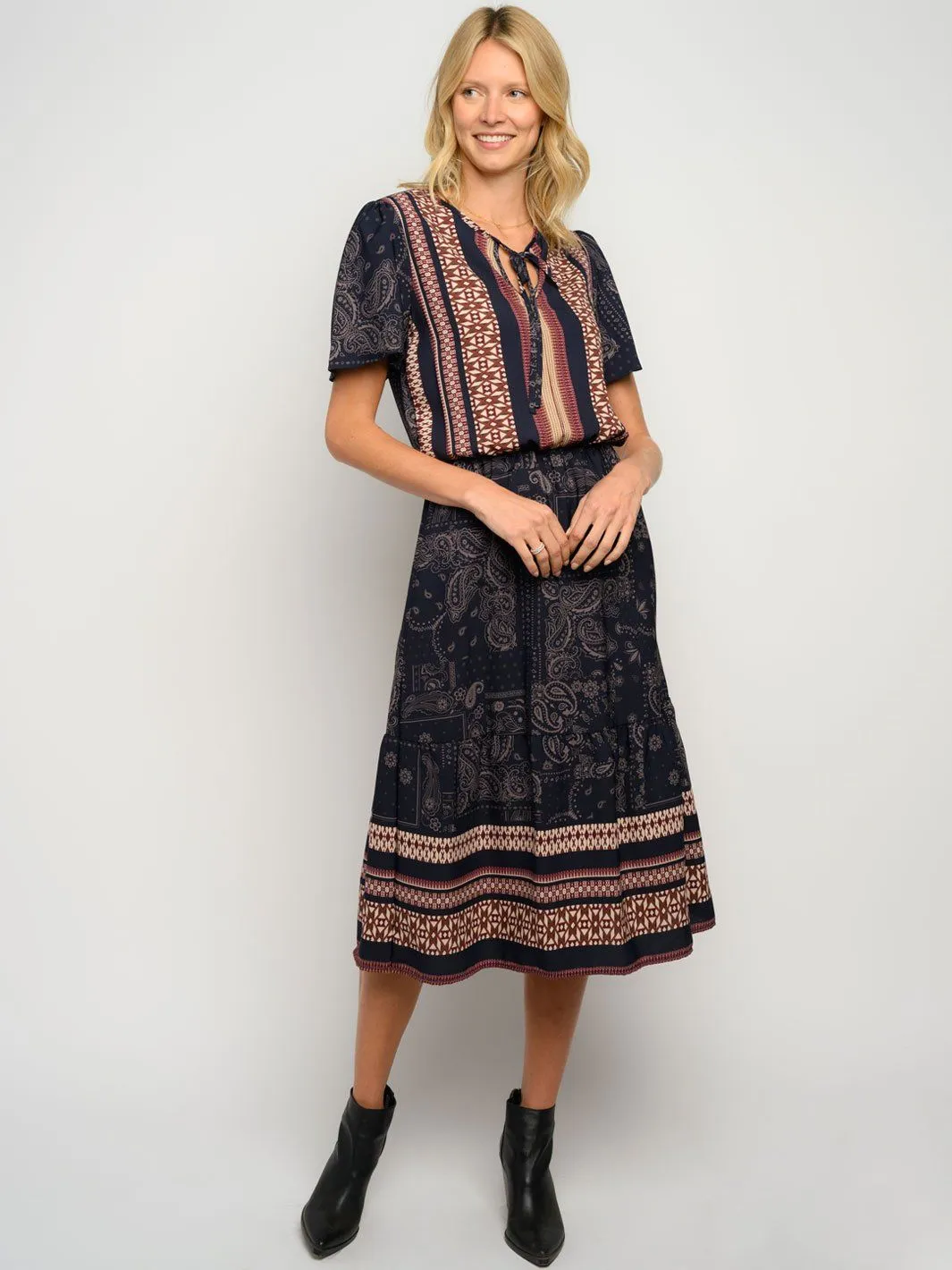 WOMEN'S MULTI PRINT SHORT SLEEVE MIDI DRESS