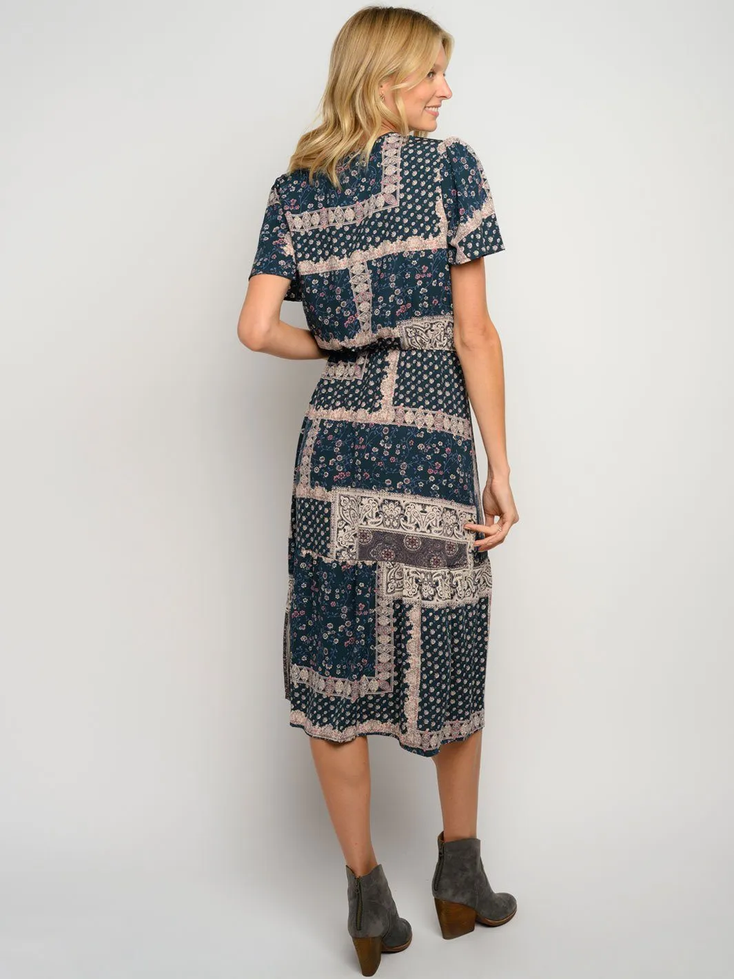 WOMEN'S MULTI PRINT SHORT SLEEVE MIDI DRESS