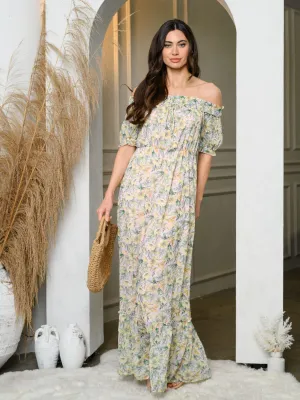 WOMEN'S OFF SHOULDER ELASTIC WAIST FLORAL MAXI DRESS