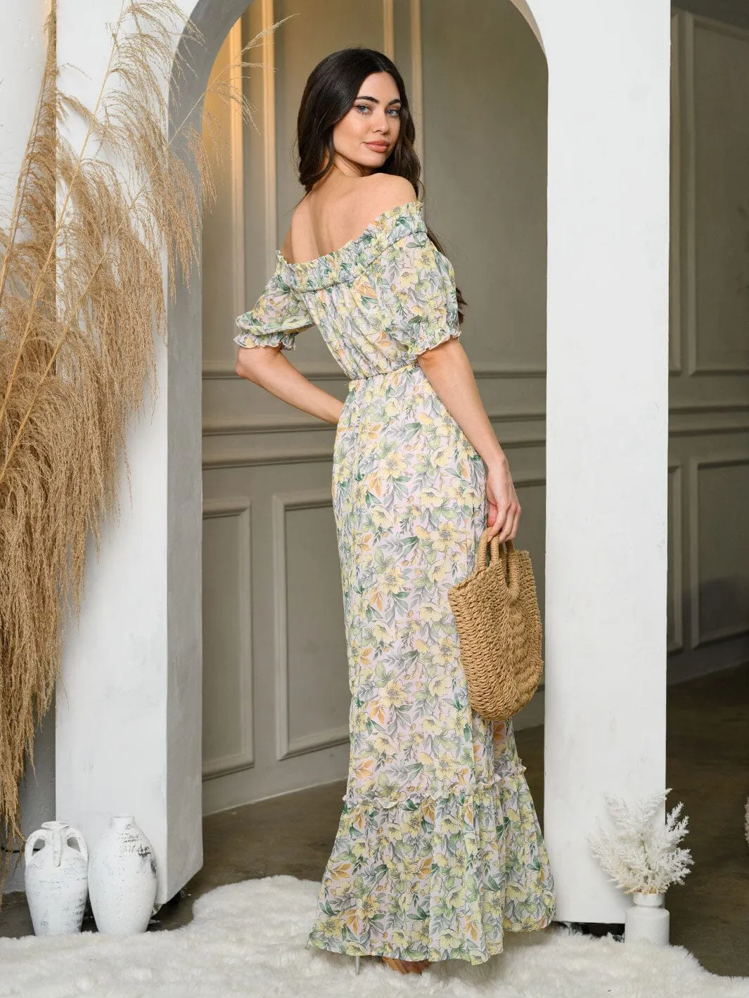 WOMEN'S OFF SHOULDER ELASTIC WAIST FLORAL MAXI DRESS