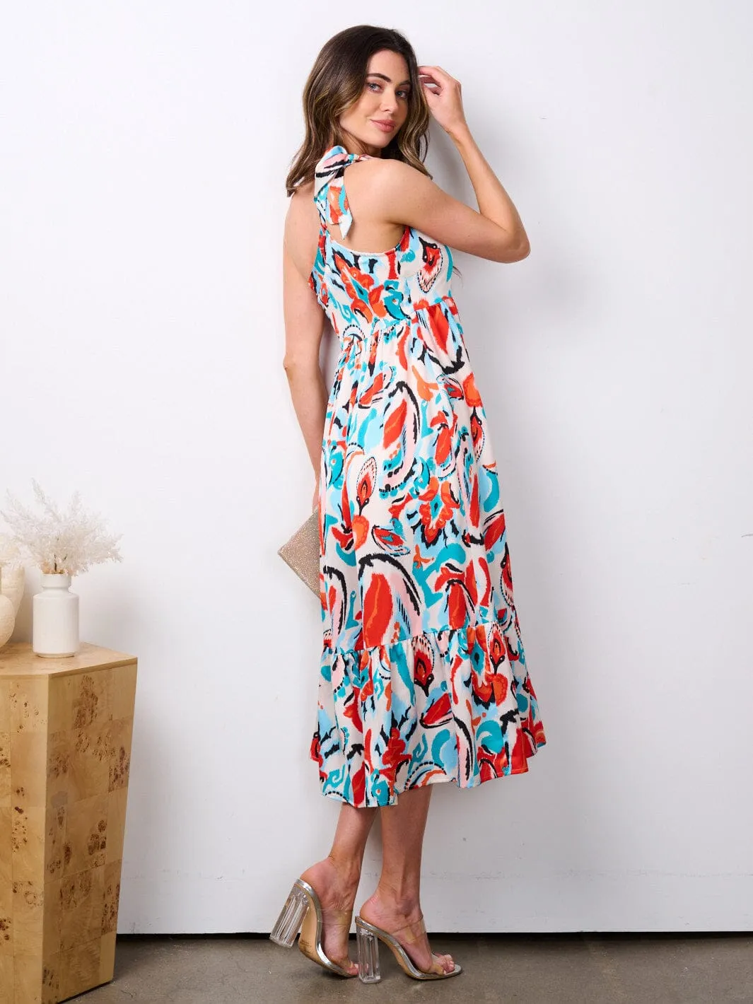 WOMEN'S ONE SHOULDER TIERED MULTI PRINT MIDI DRESS