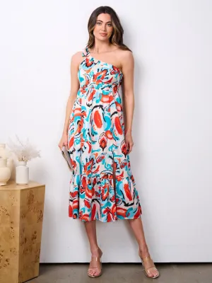 WOMEN'S ONE SHOULDER TIERED MULTI PRINT MIDI DRESS