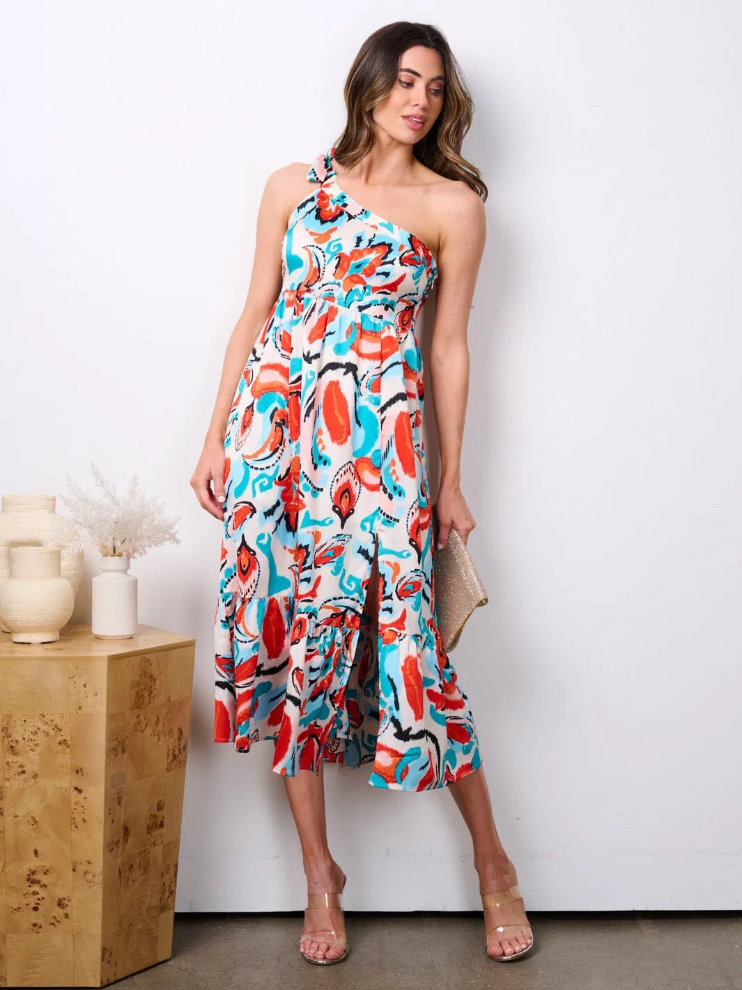 WOMEN'S ONE SHOULDER TIERED MULTI PRINT MIDI DRESS