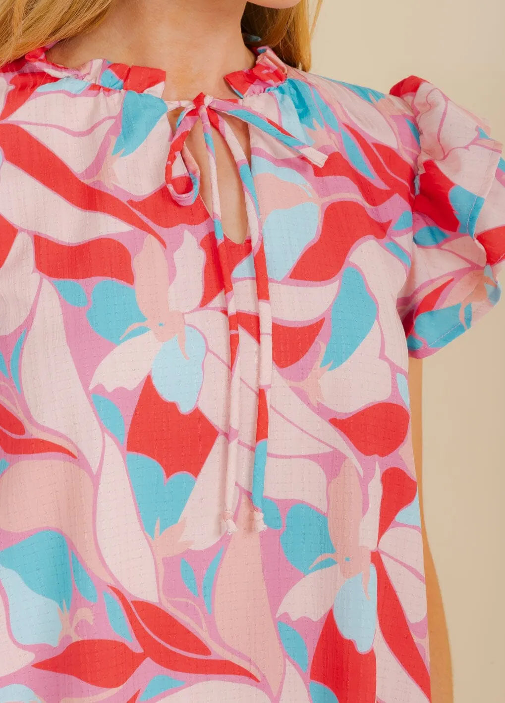 WOMEN'S RUFFLE SLEEVE V-NECK LEAF PRINT COLORBLOCK TUNIC MINI DRESS