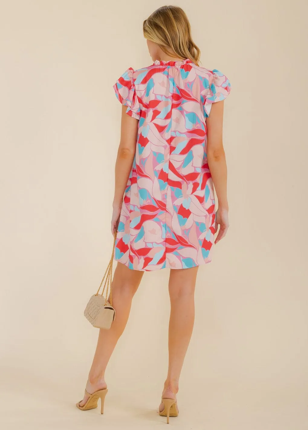 WOMEN'S RUFFLE SLEEVE V-NECK LEAF PRINT COLORBLOCK TUNIC MINI DRESS