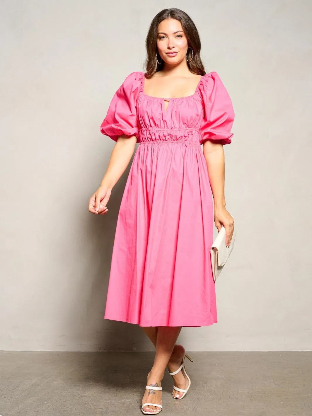 WOMEN'S SHORT PUFF SLEEVE ELASTIC WASIT MIDI DRESS