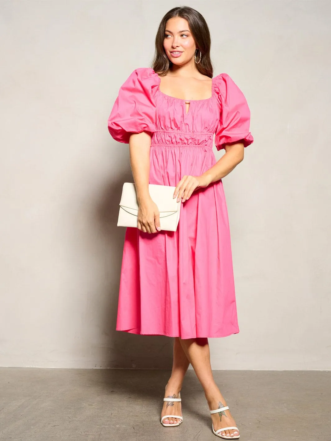 WOMEN'S SHORT PUFF SLEEVE ELASTIC WASIT MIDI DRESS