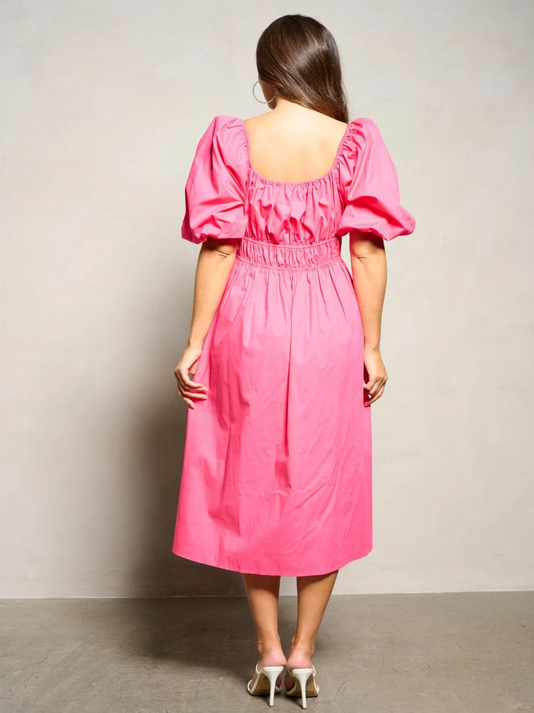 WOMEN'S SHORT PUFF SLEEVE ELASTIC WASIT MIDI DRESS