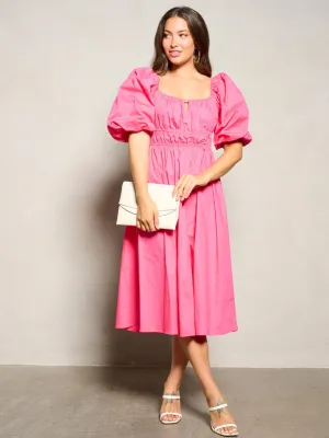 WOMEN'S SHORT PUFF SLEEVE ELASTIC WASIT MIDI DRESS