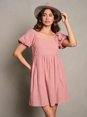 WOMEN'S SHORT PUFF SLEEVE EMBROIDERY DETAILED MINI DRESS