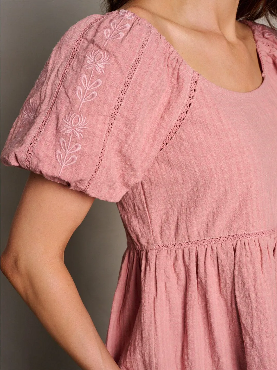 WOMEN'S SHORT PUFF SLEEVE EMBROIDERY DETAILED MINI DRESS
