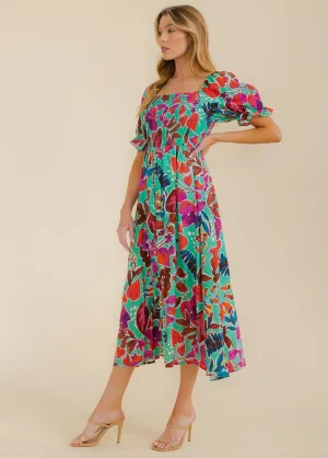 WOMEN'S SHORT PUFF SLEEVE SMOCK LEAF PRINT MAXI DRESS