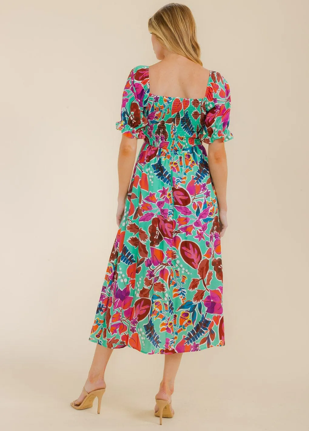WOMEN'S SHORT PUFF SLEEVE SMOCK LEAF PRINT MAXI DRESS