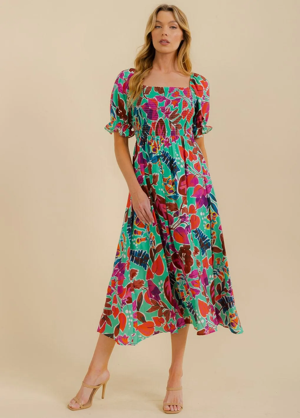 WOMEN'S SHORT PUFF SLEEVE SMOCK LEAF PRINT MAXI DRESS